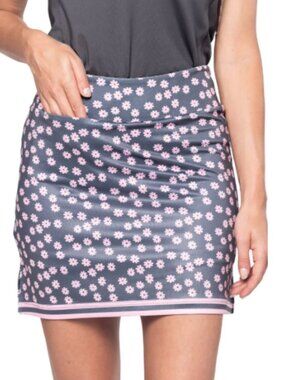 Golftini Tee Time Golf Skirt Daisy Floral Pink Gray Built-In Shorts Athleisure